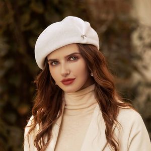 Elegante Damen-Wollmütze, britischer Vintage-Malerhut, hochwertige Wolle, einfarbig, warmer Filzhut, Baskenmütze, Damen-Kaschmirkappen