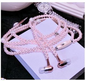 New Pink rhinestone Jewelry Pearl Necklace Earphones With Microphone Earbuds for iphone Xiaomi Brithday Gift