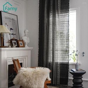 Curtain Finished American Tassel Country Black And White Geometric Printed Semi-Blackout Curtins For Bedroom Bay Window Decor
