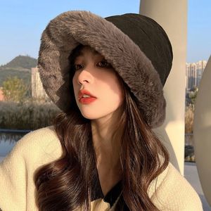 Wide Brim Hats Bucket Winter Warm Furry Rolled Hat for Women Girls Solid Color Woolen Plush Fisherman Cap Female Outdoor Windproof Panama Caps 221205