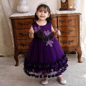 Kız Elbise Prenses Balo Gown Party Tutu Elbise Brithday Düğün Çocuk Önlük Mor El Yapımı Çiçekler Giyim 2022