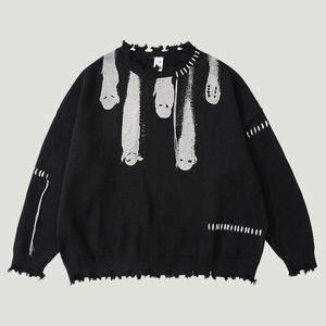 Herrtröjor hiphop stickade män harajuku vintage hål spöke grafiska jumpers streetwear punk casual överdimensionerad o-hals pullover unisex 221206