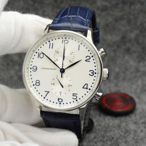 Orologio da uomo al quarzo con batteria di alta qualità, marchio di lusso, pilota, quadrante bianco, cinturino in pelle blu, cronografo, design limitato, cassa argentata, orologio da polso professionale