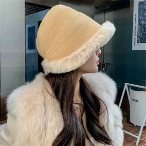 Wide Brim Hats Bucket Women Hat Winter Suede Warm Thicken Fishman Lamb Wool Plush Female Cap Fashion Fleece Panama Caps For Ladies Gifts 221205