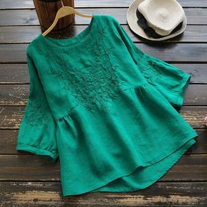Women's T Shirts Cotton Linen Embroidery Women T-Shirts Summer Vintage O-Neck Half Sleeved Loose Solid Female Pulls Tops Tees