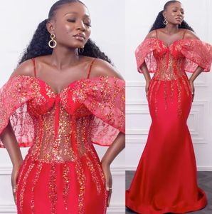 2023 Arabo Aso Ebi Red Mermaid Prom Dresses Paillettes Perline Sera Festa formale Secondo ricevimento Compleanno Fidanzamento Damigella d'onore