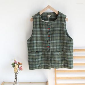 Kvinnors v￤star Autumn Winter Women All-Match Plus Size Mori Kei Girl Loose Vintage Green Check Flower broderad Bekv￤m bomullsrock