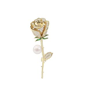 Luxe ontwerp zirkon parel rozenbroche voor vrouwen Franse stijl bling mode sieraden cz zirconia goud vergulde strass bloembroches pin pin