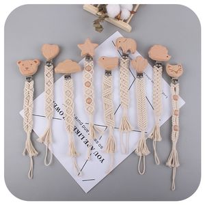 New Baby Kawaii Personalized Pacifier Clip Wooden Cartoon Bear Star Elephant Hand-woven Cotton Rope Teether Toys Anti-drop Chain