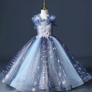 Blue Lovely Lovely Flower Girls Frings Dubai в стиле дочери для малышей симпатичный детский конкурс Формальное платье первого святого причастия для деревенского сада церкви 403