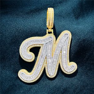 Custom A-Z Icy Baguette Cursive Letters Pendant Necklace Gold Silver Cubic Zirconia Men Women Hiphop Jewelry