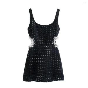 Casual Dresses Women Vintage Tweed Black Plaid Hollow Out Dress Female Pearl Decoration Slim Square Collar Mini12