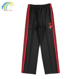 Men's Pants Black Needles Trousers Men Women Red Striped Butterfly Flower Embroidery Pattern Pants 1 1 Zipper Pocket New Sweatpants T221205