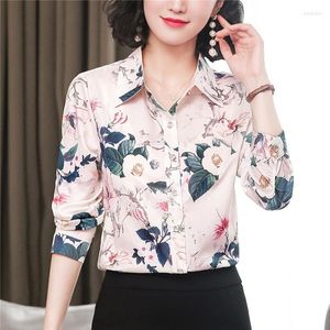Kvinnors blusar avancerade s￤songsbanan Beige Rose Print Lapel Collar L￥ng￤rmad Kvinnor Vackert temperament ol Workwear Top Shirt Blue