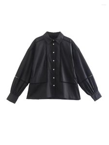 Damskie bluzki damskie koszule 2022 High Street moda koronkowa wykończenie guziki czarna koszula damskie ubrania na klapę kołnierz długim rękawem swobodny luźno