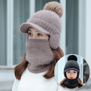 Ball Caps Ladies Wool Knitted Hats Balaclava Winter Ear Protection Scarf Peaked Outdoor Cold Proof Warm Plus Velvet Baseball 221205