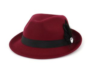 Kvinnor Wool Felt Roll Up Short Brim Homburg Fedora Hats med Feather Ribbon Fashion Ladies Jazz Cap Sombrero Trilby Hat7314363