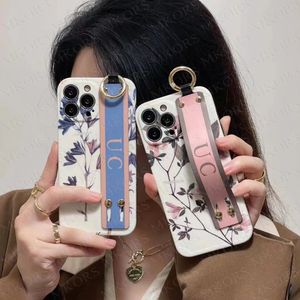 Luxury Simplicity Print Flower Cell Phone Cases for iPhone 14 Plus 14pro 13 13pro 12 12pro 11 Pro Max X Xs Xr Soft TPU Shell Wrist Strap Band Case Protective Cover