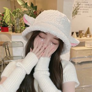 Wide Brim Hats Bucket Lamb Faux Fur Hat Cute Sheep Ear Winter Warm for Women Lady Thicken Bob Panama Outdoor Fisherman Caps Girls 221205