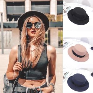 Berretti Classic British Black Dome Felt Hat Women's Fedora Retro Flat Top Wide Brim Panama Jazz