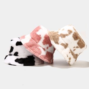 Wide Brim Hats Bucket Winter Cow Print Plush for Women Tourism Outdoor Warm Hat Soft Velvet Fisherman Cap Lady Fashion Panama Present 221205