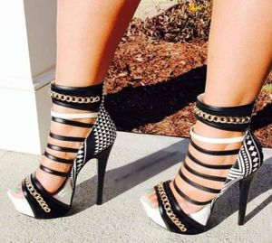 여름 브랜드 여성 흰색 검은 색 빨간 기하학적 체인 열린 발가락 지퍼 백 고품질 플랫폼 힐 샌들 신발 4372115