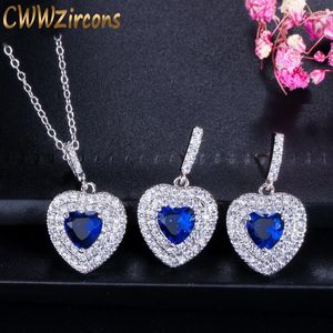 Wholesale Necklace Earrings Set CWWZircons Fashion Women Love Gift Dark Blue Cubic Zirconia Heart Shape Pendant And Ladies Jewelry T272