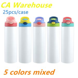 CA Warehouse Sublimation Kids Tumblers Drinking Water Bottles Straight Blanks 20 OZ Sippy Cup Double Wall Stainless Steel Children Cups With Straw And Lids C001
