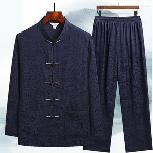 Roupas étnicas de seda masculina cetim tradicional chinês Tang Suit Spring Summer Stand-up Stand-up camisa e calça masculino hanfu bolso tai chi