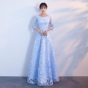 Roupas étnicas Lace azul Cetim estilo oriental Vestidos de banquete chinês Casamento vintage Cheongsam elegante longa noite de festas de festa XS -
