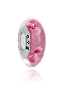 Pink Flower Murano Lampwork Glass Bead 925 Sterning Silver Big Hole Loose P￤rlor Fit European Pandora Charms Armband Halsband DIY8556139
