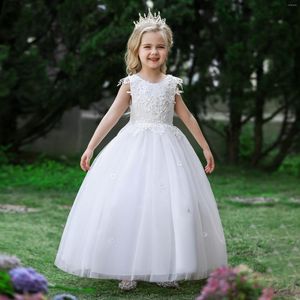 女の子のドレス白い長い花嫁介添人の子供用服のアップリックパールとパーティーウェディング服プリンセス4〜14歳のベスティド