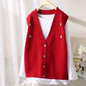 Women's Vests Soxu Spring And Autumn V-neck Buttons Solid Relaxed Knitted Vest Women's Versatile Fashion Sleeveless Overlay Sweater