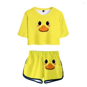 女性用トラックスーツ3Dプリンティングかわいい動物女性2ピースセットクロップトップTシャツショーツサマーヒップホップガールズプリティスーツ黄色の服