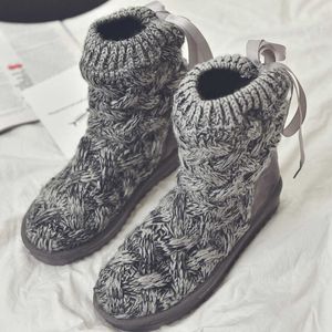 Snow Boots Female Creative Korean Version Of The Student Needle Knitting Wool Velvet Thickened Non-slip Winter Tall Gray Cotton Shoes 2310263