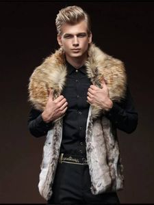 Men's Fur Faux Vest Slim Fit Lapel Big Collar Short Waistcoat Men Jacket Brown Leather Winter Warm Coat 221206