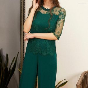 Women's Jumpsuits Fashion Women Jumpsuit Rompers 2022 Solid Color Sexy Seven-point Sleeve Lace Splice Wide Leg