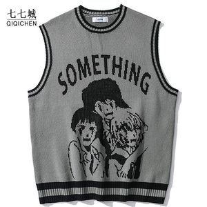 Men's Vests College Knitted Vest Sweaters Men Women Street Hip Hop Casual Band Cartoons Anime Pattern O-neck Sleeveless Tops 221206