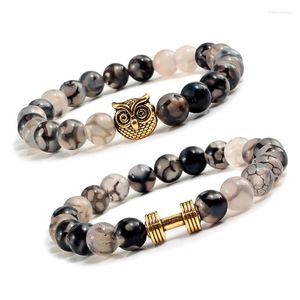 Strand Natural Stone Black Dargon Mönster 8mm pärlor Elastiska armband Homme Bangles Charm Män Kvinnor Pappar avstånd smycken gåva