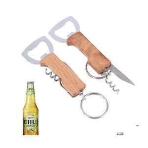 Openers Creative Mtifunctional Key Chain Stainless Steel Wooden Handle Beer Wine Corkscrew Party Accessories Inventory Dheit
