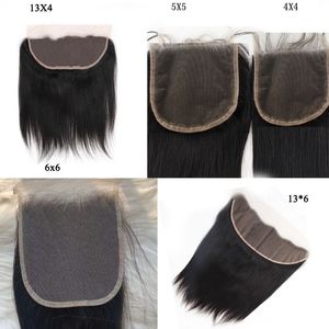 100 Human Straight Indian Hair Stängning med spetsstorlek 4x4 5x5 13 By 4 Frontal Natural Color Virgin Remy Hair 3PCS Lot