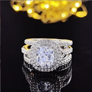 Gioielli classici Fedi nuziali Argento sterling 925 Taglio ovale Topazio bianco Diamante CZ Pietre preziose Festa 3PCS Eternità Donna femminile Anello di fidanzamento da sposa Set regalo