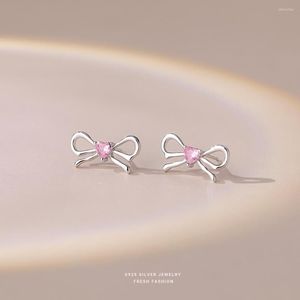 Studörhängen S925 Sterling Silver Pink Love Bow Female Korean Style Exquisite Light Luxury Temperament Jewelry Present Partihandel