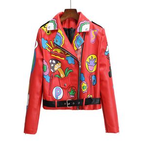 Women's Leather Faux Spring and Autumn Red Jacket Women Cute Graffiti Studded Rivet Punk Streetwear Motorcycle Coat 221206