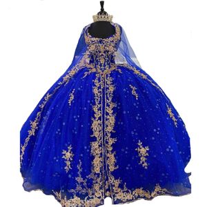 Royal Blue Quinceanera klänningar Guldapplikationer Sparking Star Pattern Sweet 15 Girls Prom Gown Ball Gown with Cloak