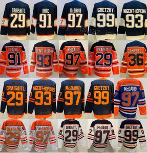 2023 Hockey rétro inversé 97 Connor McDavid Jerseys 99 Wayne Gretzky 29 Leon Draisaitl 93 Ryan Nugent-Hopkins 36 Jack Campbell Team coloted Blue White Orange Sport