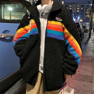 Men s Down Parkas Warm Coats for Men Autumn Winter Rainbow Print Lamb Wool Male Loose Thicken Zipper Outerwear Manteaux Pour Hommes 221205