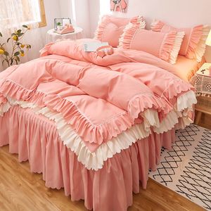 Bed Skirt Solid color bed skirt With pillowcase Bedding Spring and autumn brushed four-piece set Short Sheet quilt bedspread 221205