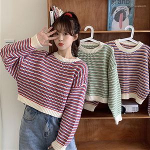 Jersey de camisolas femininas Invierno Mujer japonês estilo preguiçoso suéter curto sweater Outono 2022 Moda feminina listrada coreana listrada