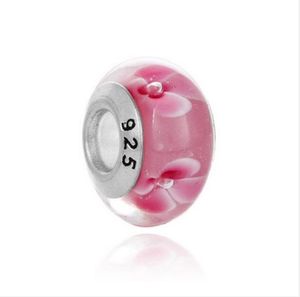 Pink Flower Murano Lampwork Glass Bead 925 Sterning Silver Big Hole Loose Beads Fit European Pandora Charms Armband Halsband DIY1832558